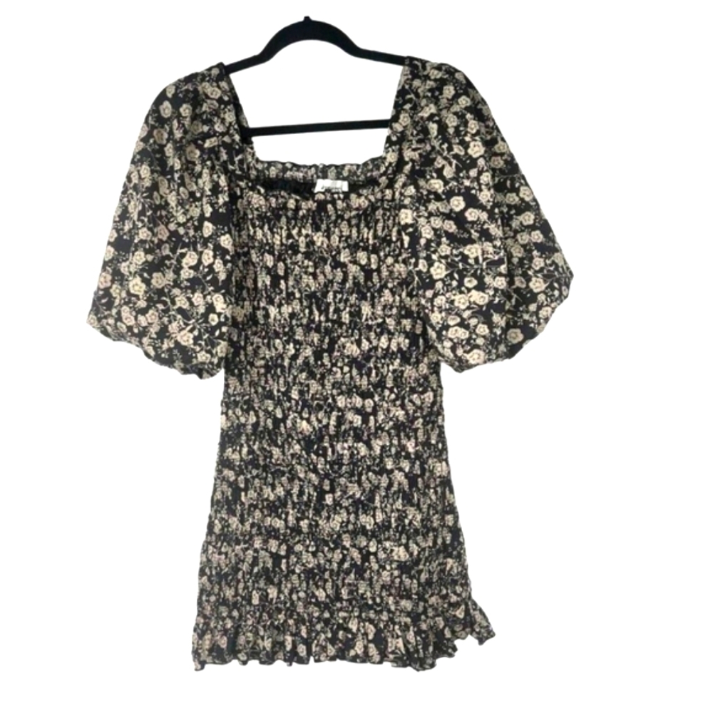 &MERCI Puffed Sleeved Square Neck Smocked Cocktail Dress Black Cream NWOT